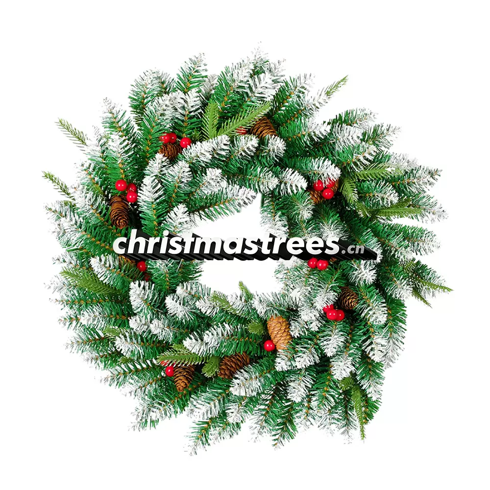 Flocked Green Christmas Wreath with White Tips, Unlit Evergreen, Winter Wonderland Decor W022