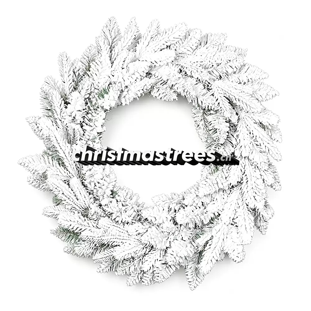 White Flocked Christmas Wreath, Unlit Evergreen, Frosted Winter Holiday Door Decor W024