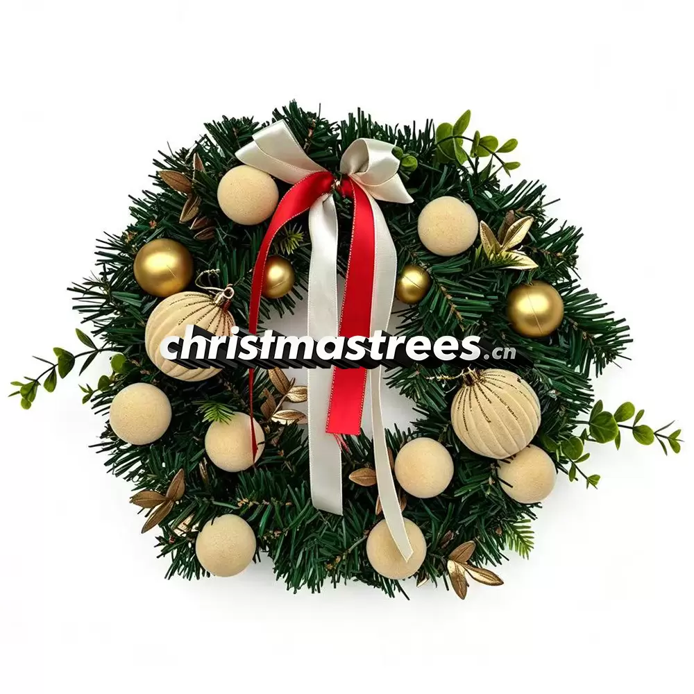 Christmas Wreath with Gold & White Balls, Red Bow, Festive Glam Holiday Decor W026