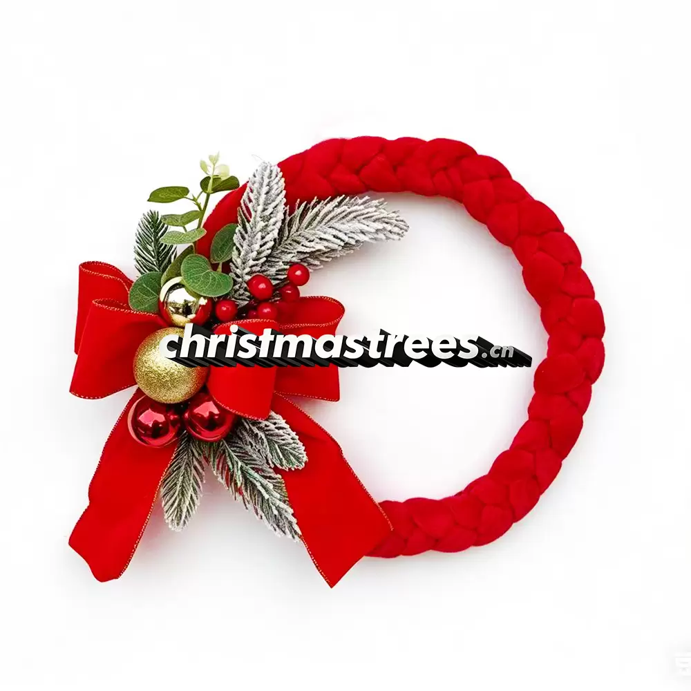 Red Fabric Christmas Wreath with Gold Bow & Bells, Minimalist Holiday Door Decor W027
