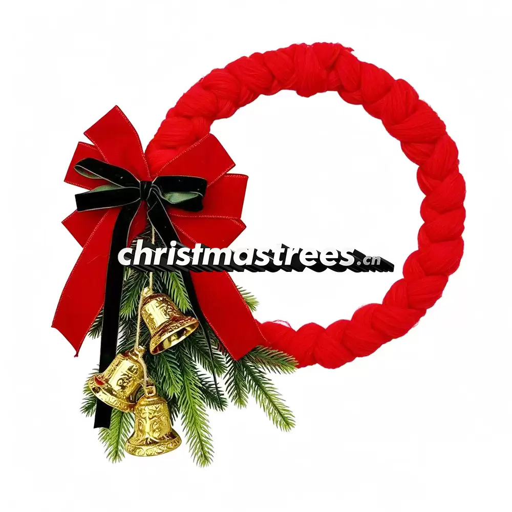 Red Christmas Wreath with Red Bow & Bells, Simple Festive Holiday Decor W028