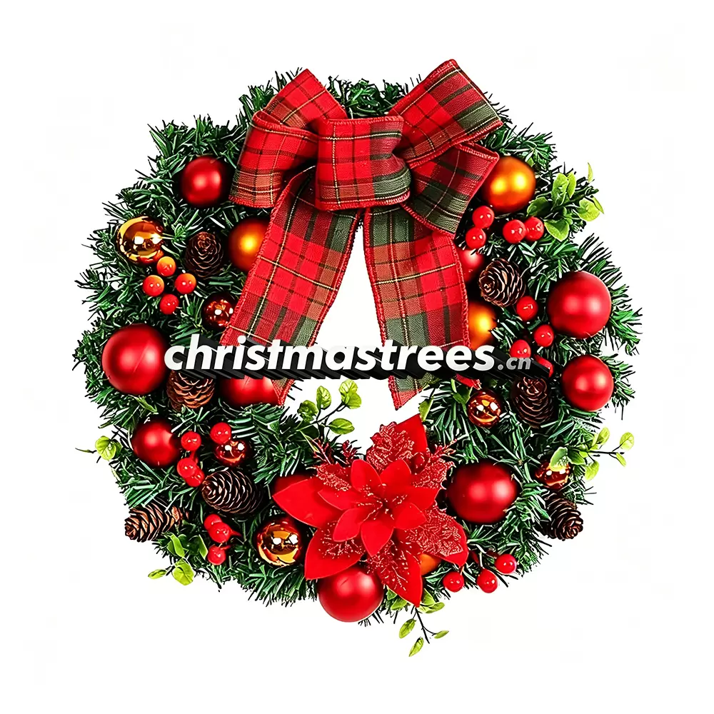 Christmas Wreath with Red Berries & Large Red Bow, Unlit Evergreen, Bold Holiday Decor W029