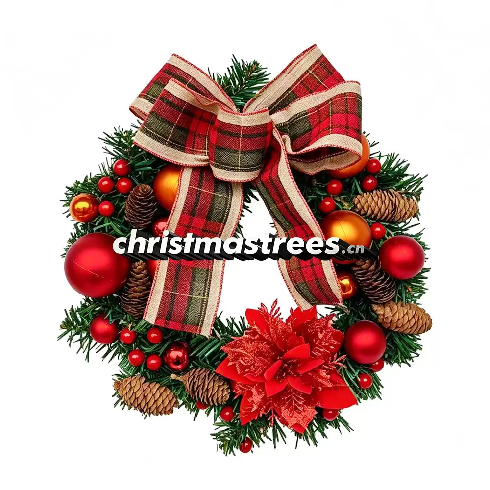 Christmas Wreath with Red Berries & Plaid Bow, Unlit Evergreen, Farmhouse Holiday Decor W030