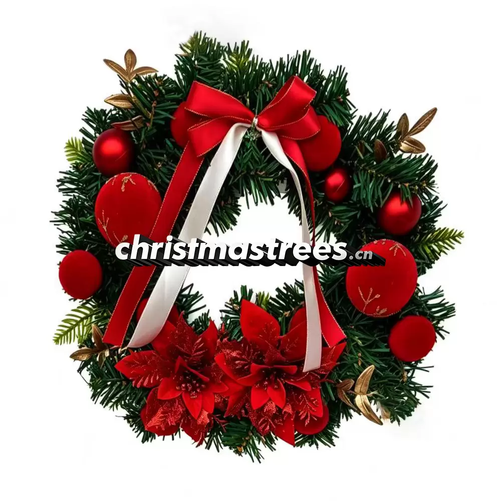 Christmas Wreath with Red Berries & Red-White Bow, Unlit Evergreen, Festive Door Decor W032