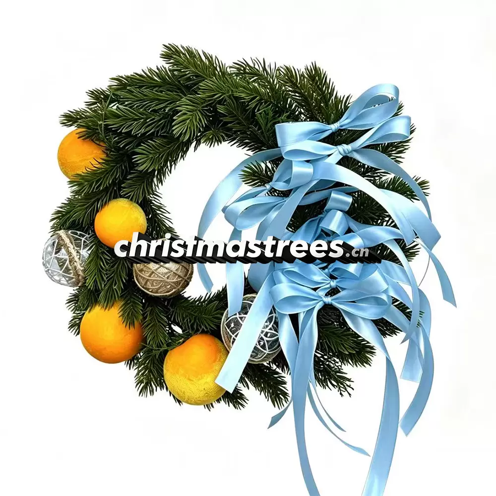 Christmas Wreath with Orange Oranges & Blue Bow, Unlit Evergreen, Bright Themed Decor W035