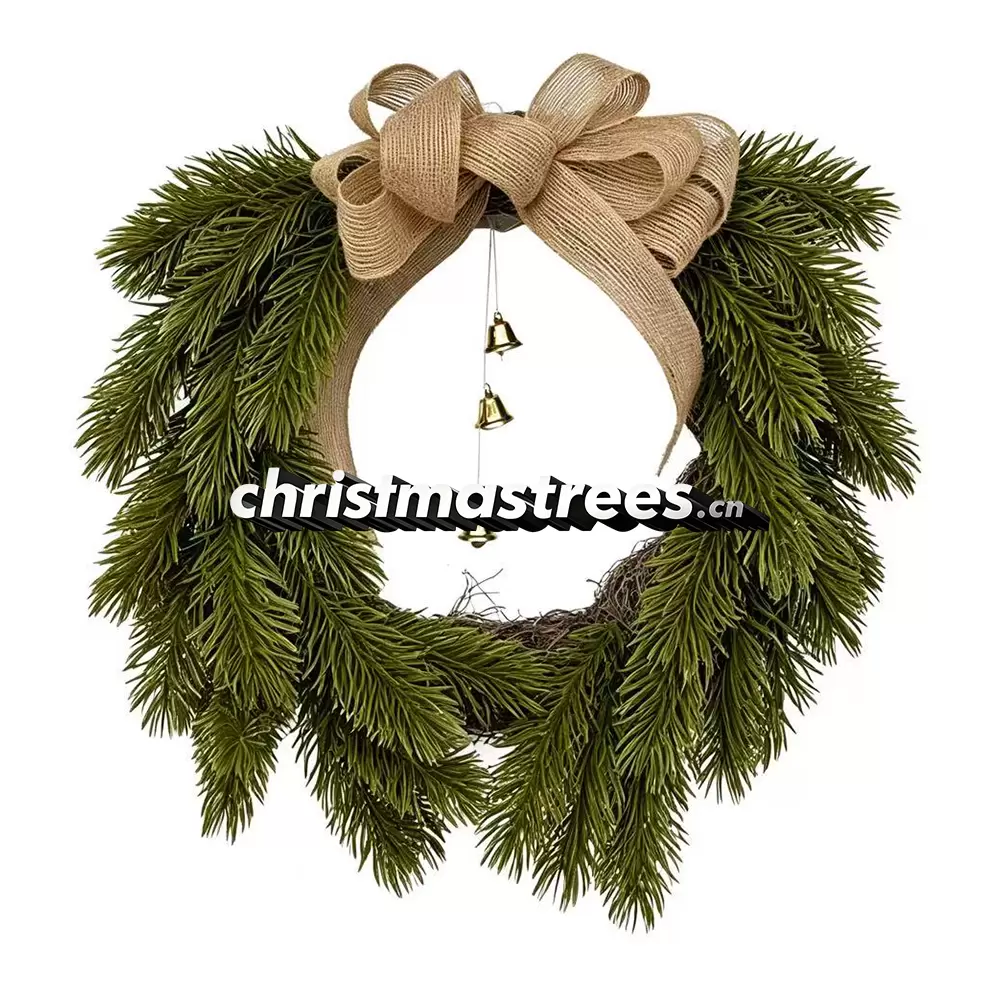 Rustic Green Christmas Wreath with Burlap Bow, Unlit Evergreen, Farmhouse Door Decor W036