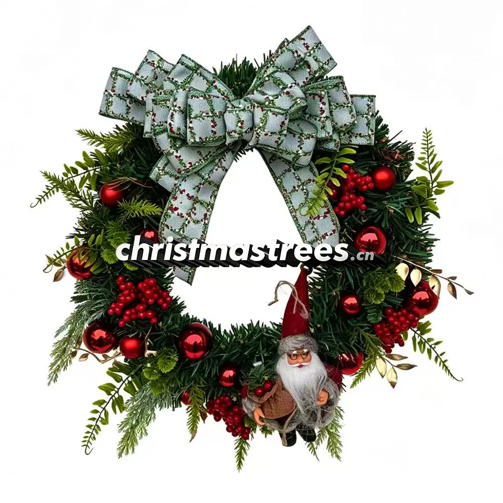 Christmas Wreath with Red Berries & Grey Bow, Unlit Evergreen, Neutral Holiday Decor W037