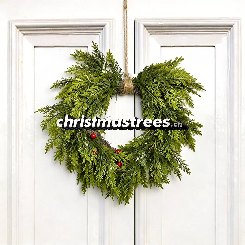 Heart-Shaped Green Christmas Wreath, Unlit Evergreen, Unique Door Hanging Decor W038