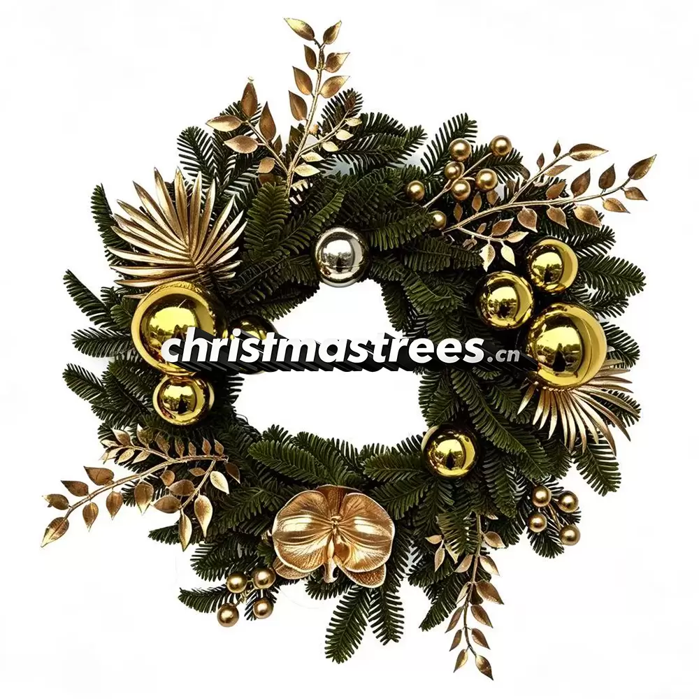 Black & Gold Christmas Wreath with Ornaments & Pine Cones, Unlit Evergreen, Luxe Decor W039