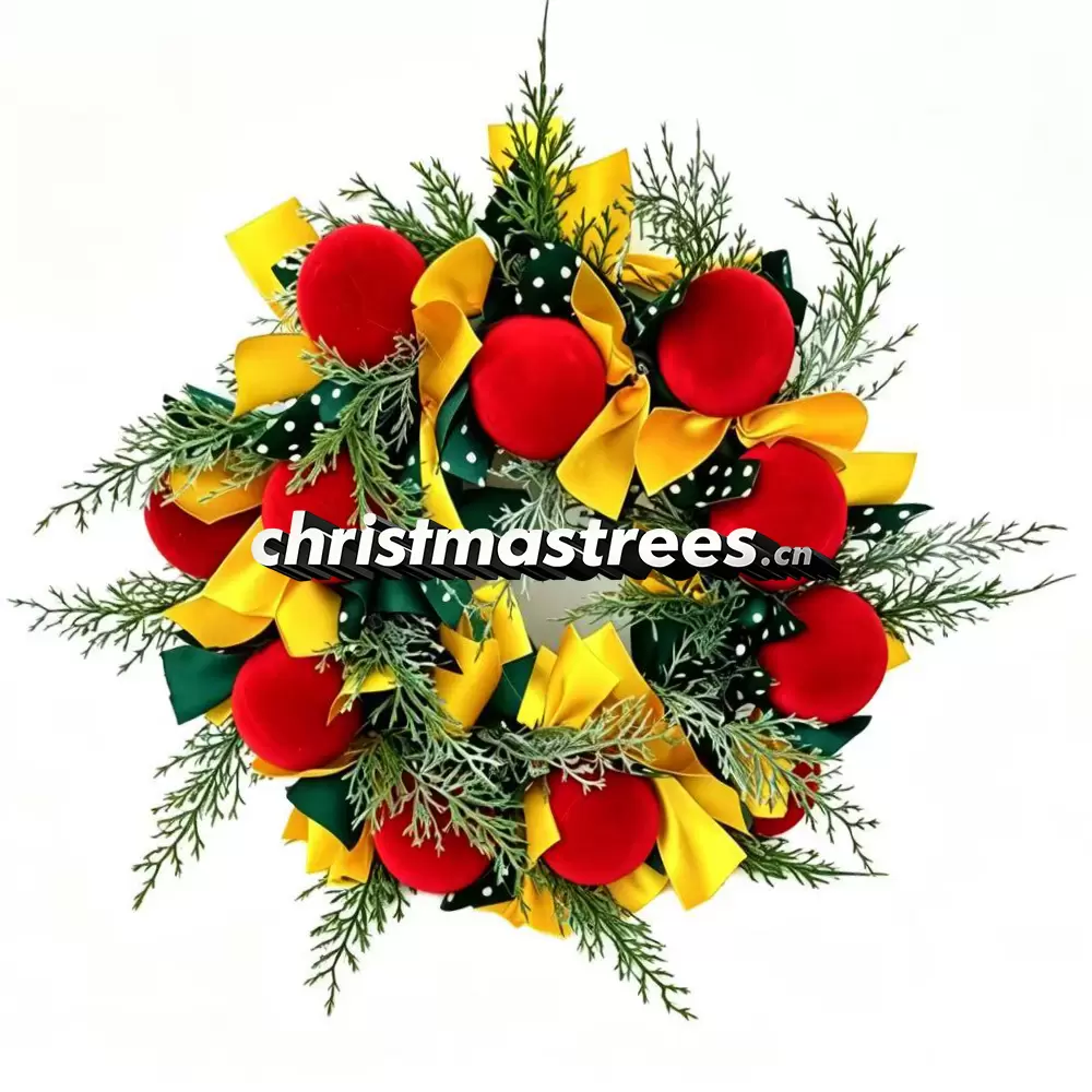 Christmas Wreath with Red & Yellow Poinsettia Flowers, Unlit Evergreen, Bright Festive Decor W040