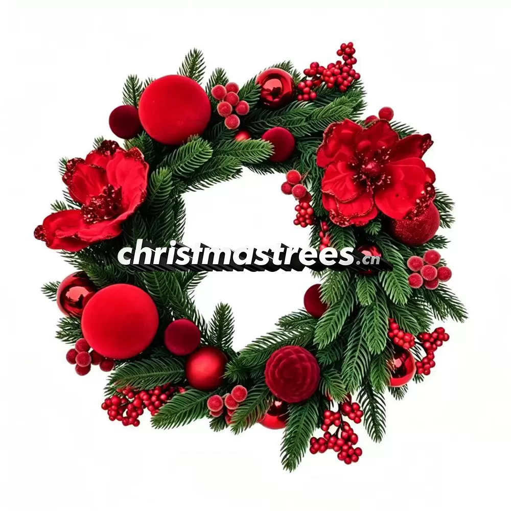 Christmas Wreath with Red Flowers & Berries, Unlit Evergreen, Bold Festive Door Decor W041