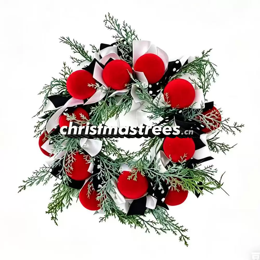 Christmas Wreath with Red & White Balls, Unlit Evergreen, Simple Festive Door Decor W043