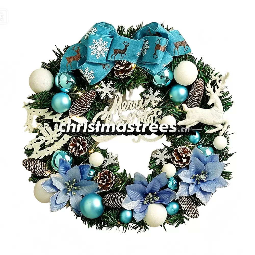 Blue & White Christmas Wreath with Snowflake Accents, Unlit Evergreen, Winter Wonderland Decor W044