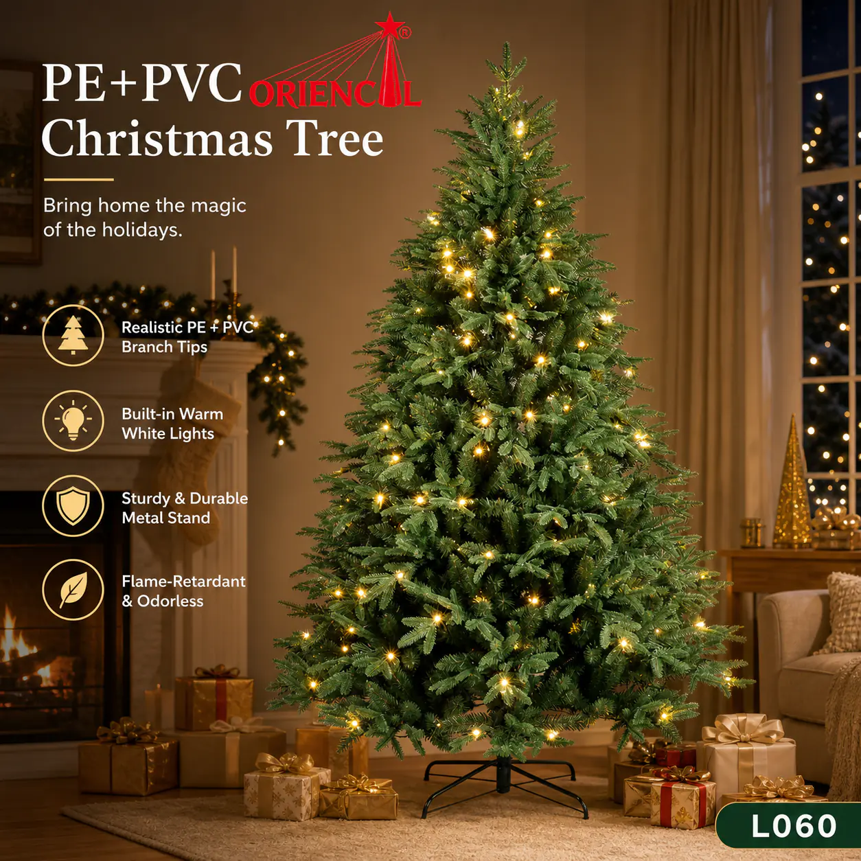 Pre-Lit Full Green Spruce Christmas Tree, Warm White Lights, Family Holiday Centerpiece L060