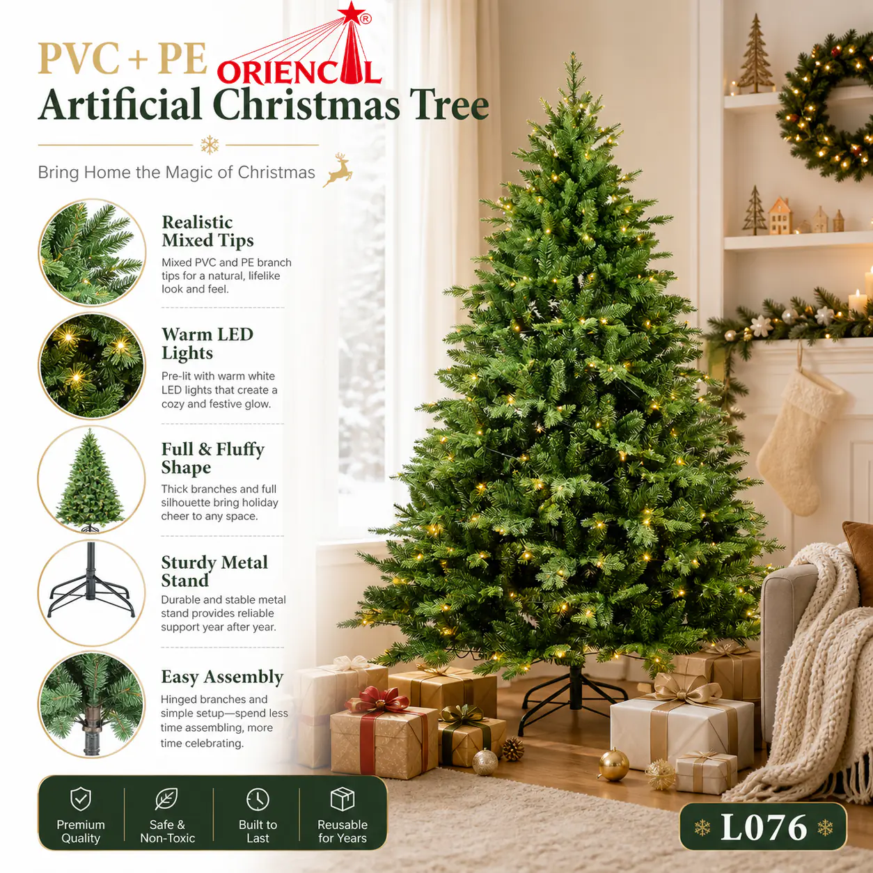 Pre-Lit Artificial Green Spruce Christmas Tree, Multi-Color LED Lights, Festive Home Decoration L076