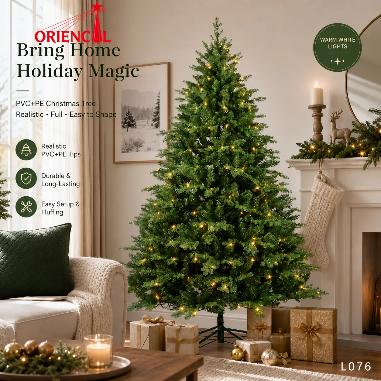 Pre-Lit Artificial Green Spruce Christmas Tree, Multi-Color LED Lights, Festive Home Decoration L076