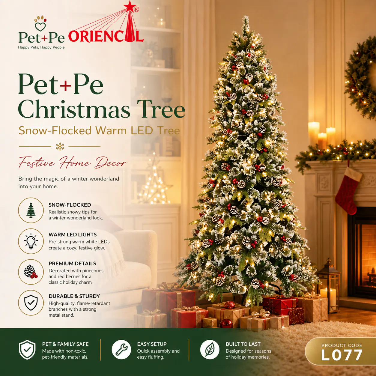 Pre-lit Decorated Spruce Christmas Tree with Berries and Pinecones, Lighted Artificial Spruce Tree, Flocked Spruce Tree with LED Lights, Holiday Decoration L077