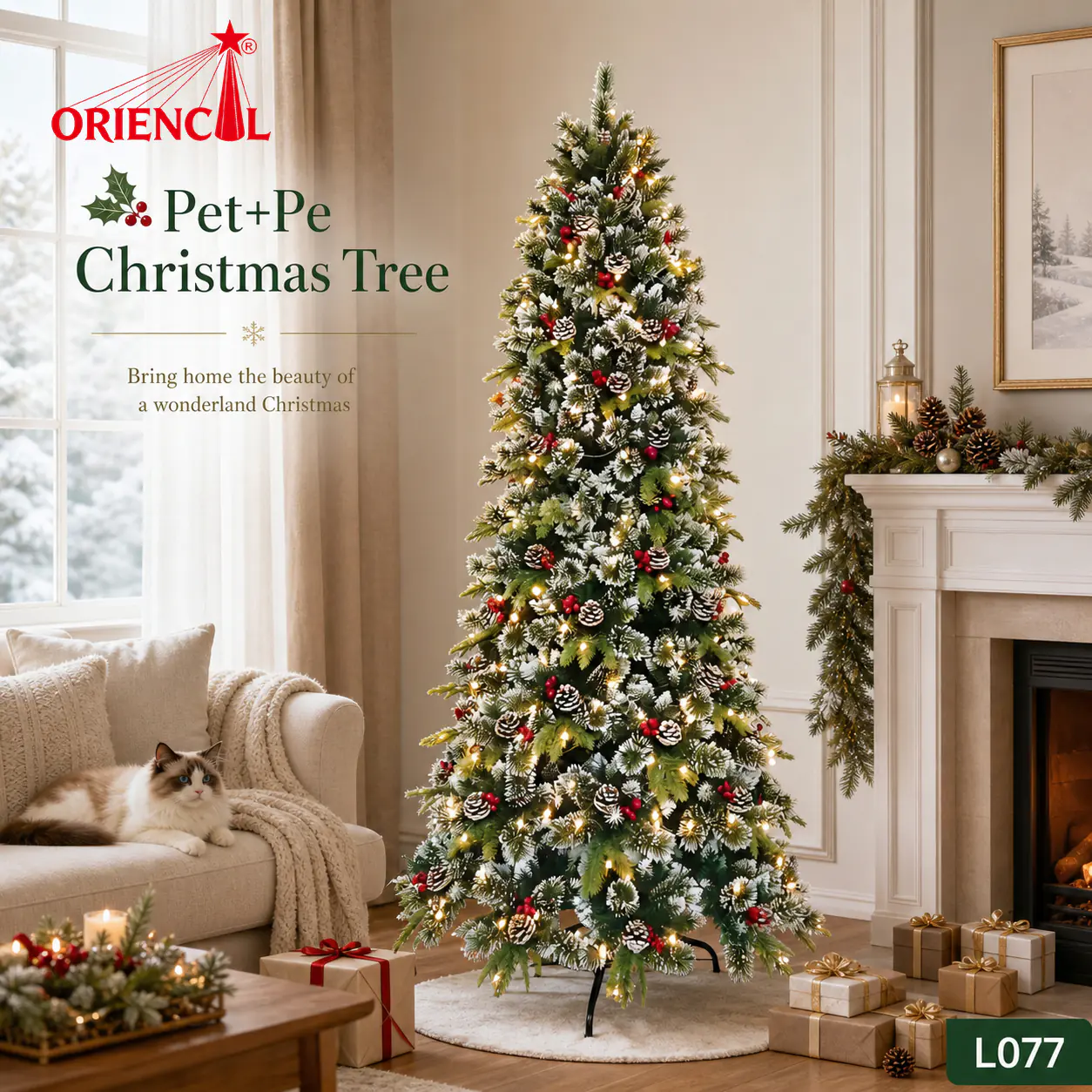 Pre-lit Decorated Spruce Christmas Tree with Berries and Pinecones, Lighted Artificial Spruce Tree, Flocked Spruce Tree with LED Lights, Holiday Decoration L077