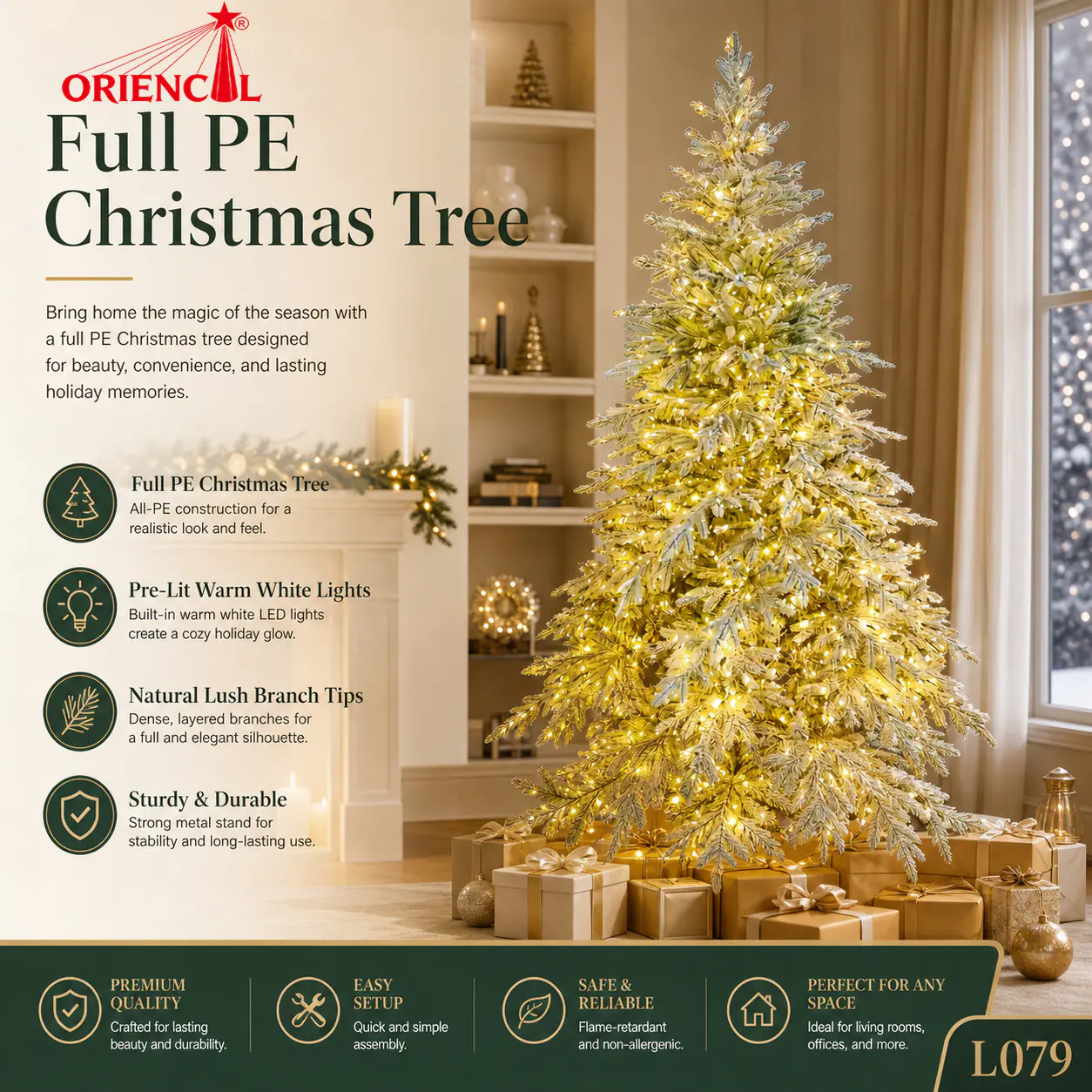 Pre-lit Gold Flocked Fir Christmas Tree, Lighted White and Gold Artificial Fir Tree, Warm White Lighted Flocked Fir Tree, Christmas Decoration with LED Lights L079
