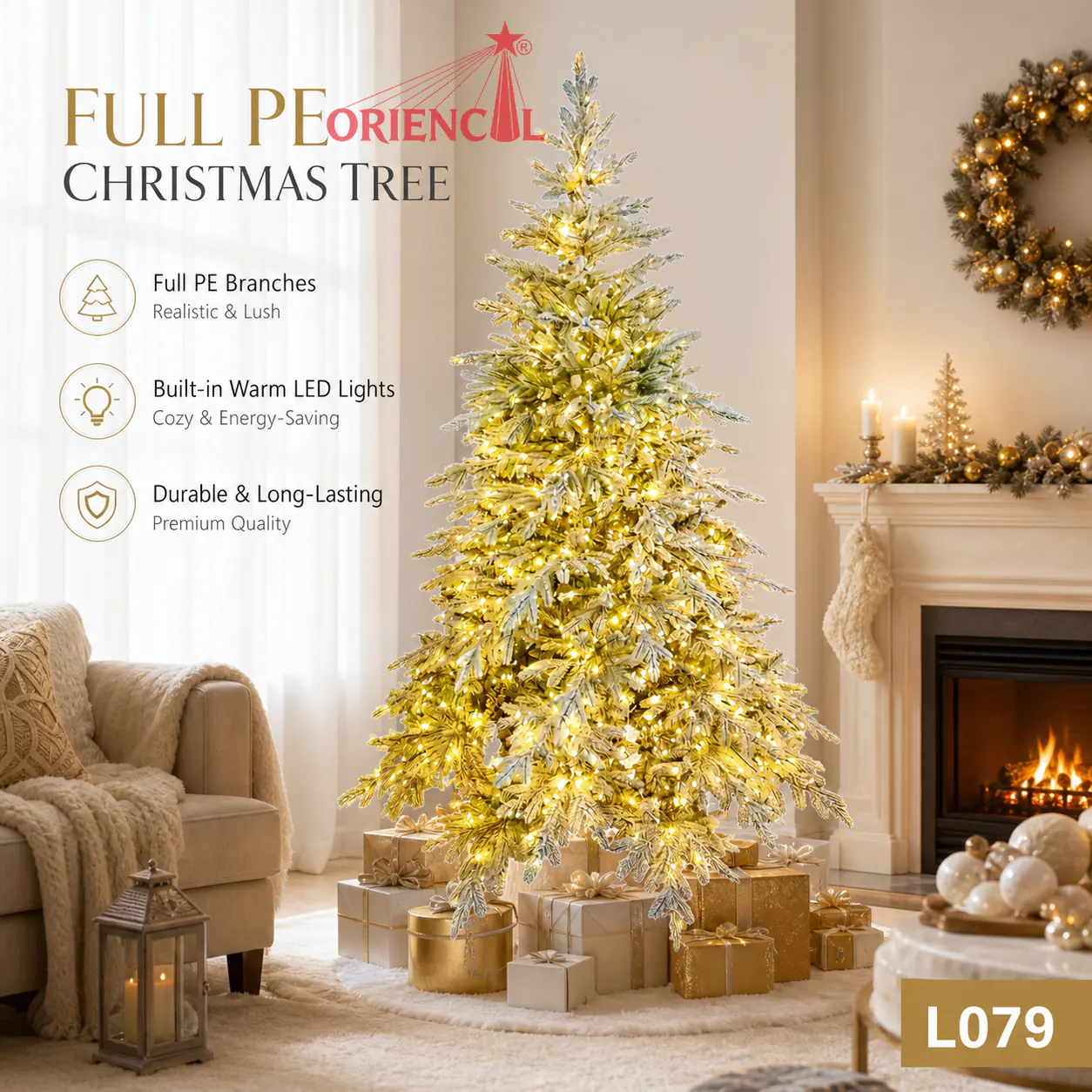 Pre-lit Gold Flocked Fir Christmas Tree, Lighted White and Gold Artificial Fir Tree, Warm White Lighted Flocked Fir Tree, Christmas Decoration with LED Lights L079