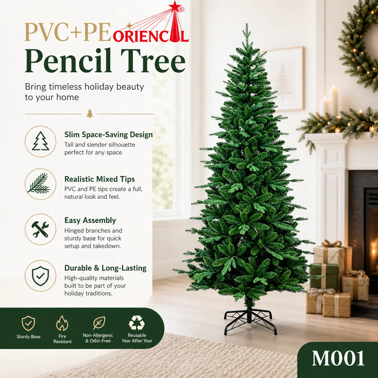 Slim Unlit Artificial Fir Christmas Tree, PVC/PE Blend, Space-Saving Pencil Style for Small Spaces M001