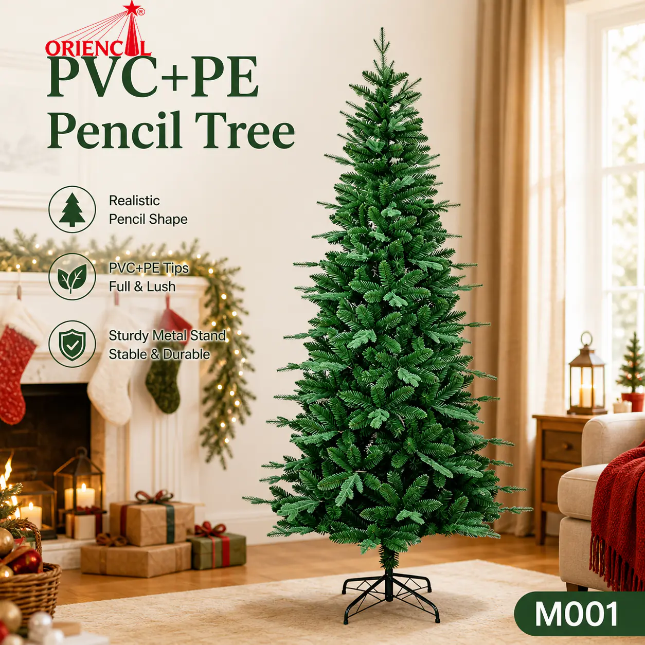 Slim Unlit Artificial Fir Christmas Tree, PVC/PE Blend, Space-Saving Pencil Style for Small Spaces M001