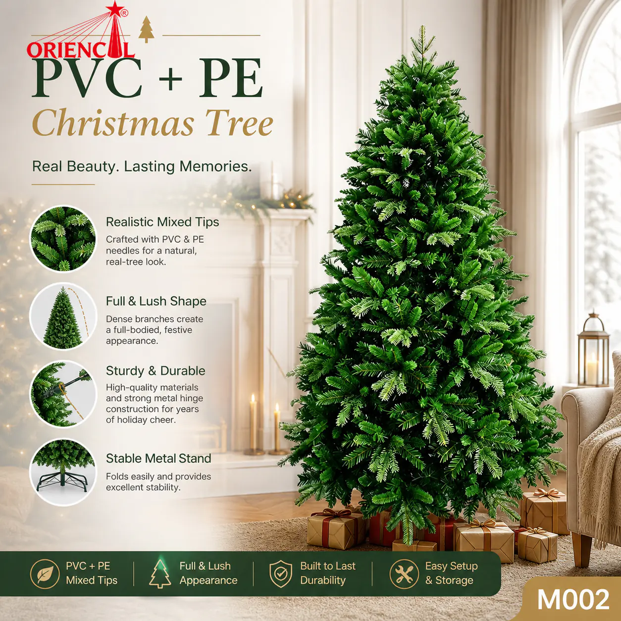 Full Unlit Artificial Spruce Christmas Tree, PE/PET Pine Needle Blend, Realistic Indoor Holiday Decor M002