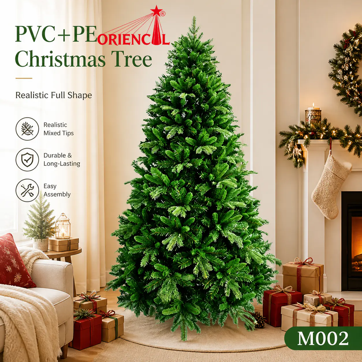 Full Unlit Artificial Spruce Christmas Tree, PE/PET Pine Needle Blend, Realistic Indoor Holiday Decor M002