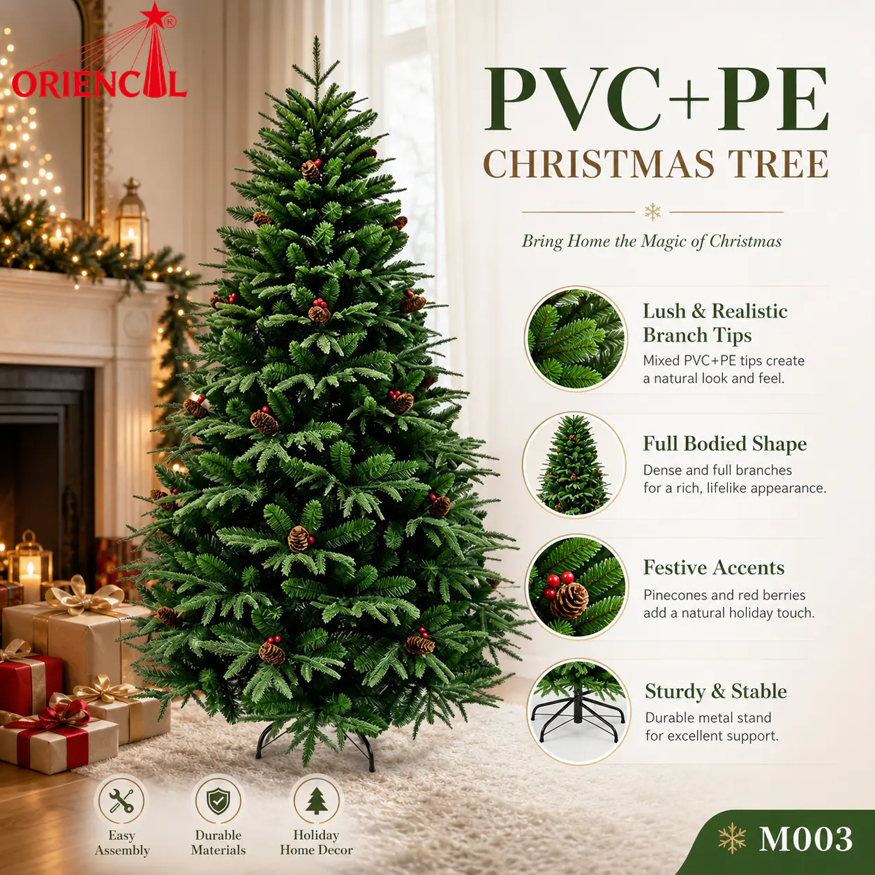 Unlit Artificial Spruce Christmas Tree with Red Berries, PVC/PE Blend, Rustic Farmhouse Decor M003
