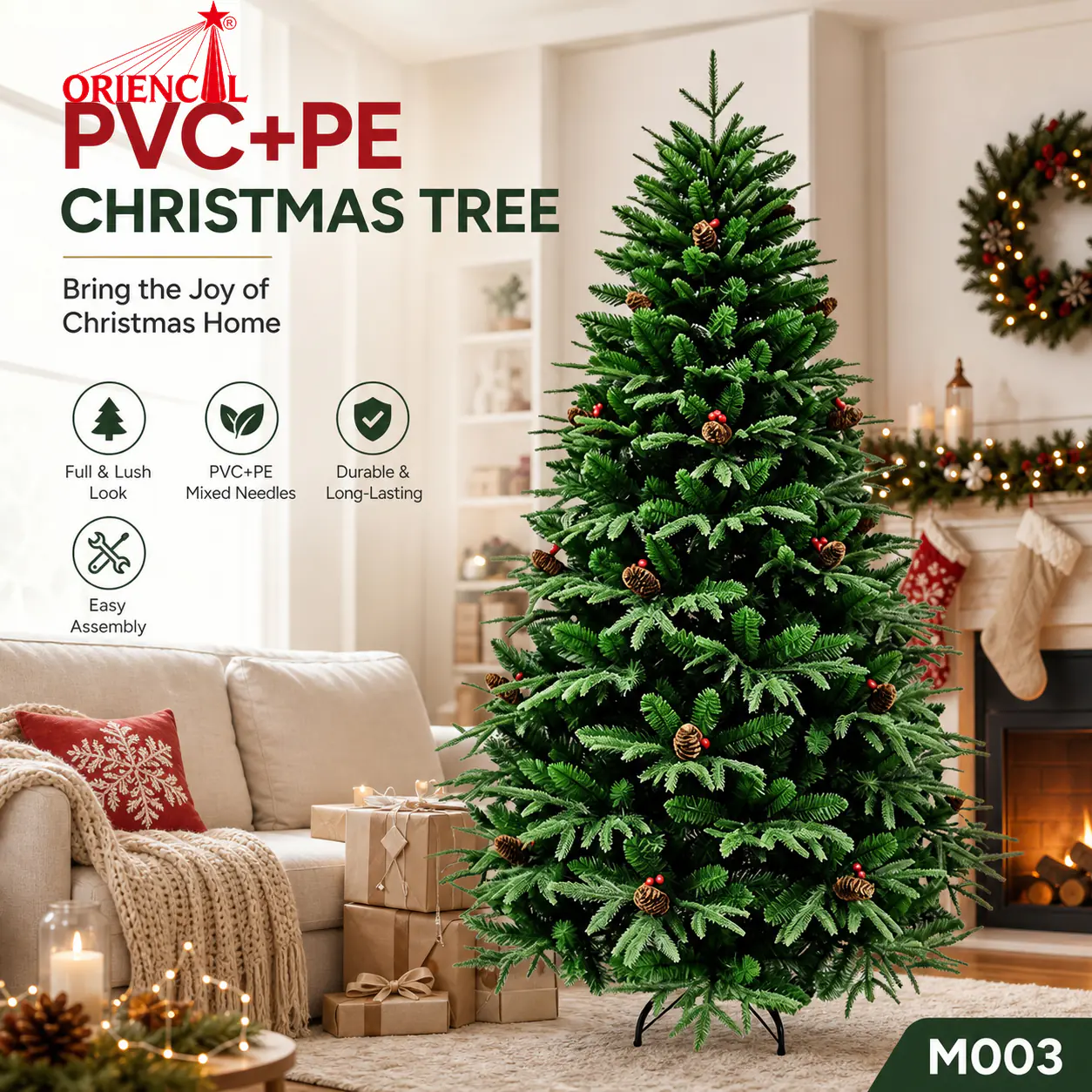 Unlit Artificial Spruce Christmas Tree with Red Berries, PVC/PE Blend, Rustic Farmhouse Decor M003