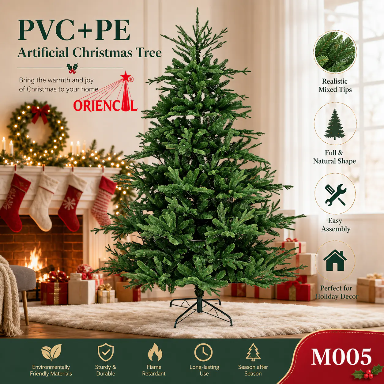 Realistic PET Pine Needle Spruce Christmas Tree, Unlit Full Size, Natural Evergreen Decor M005