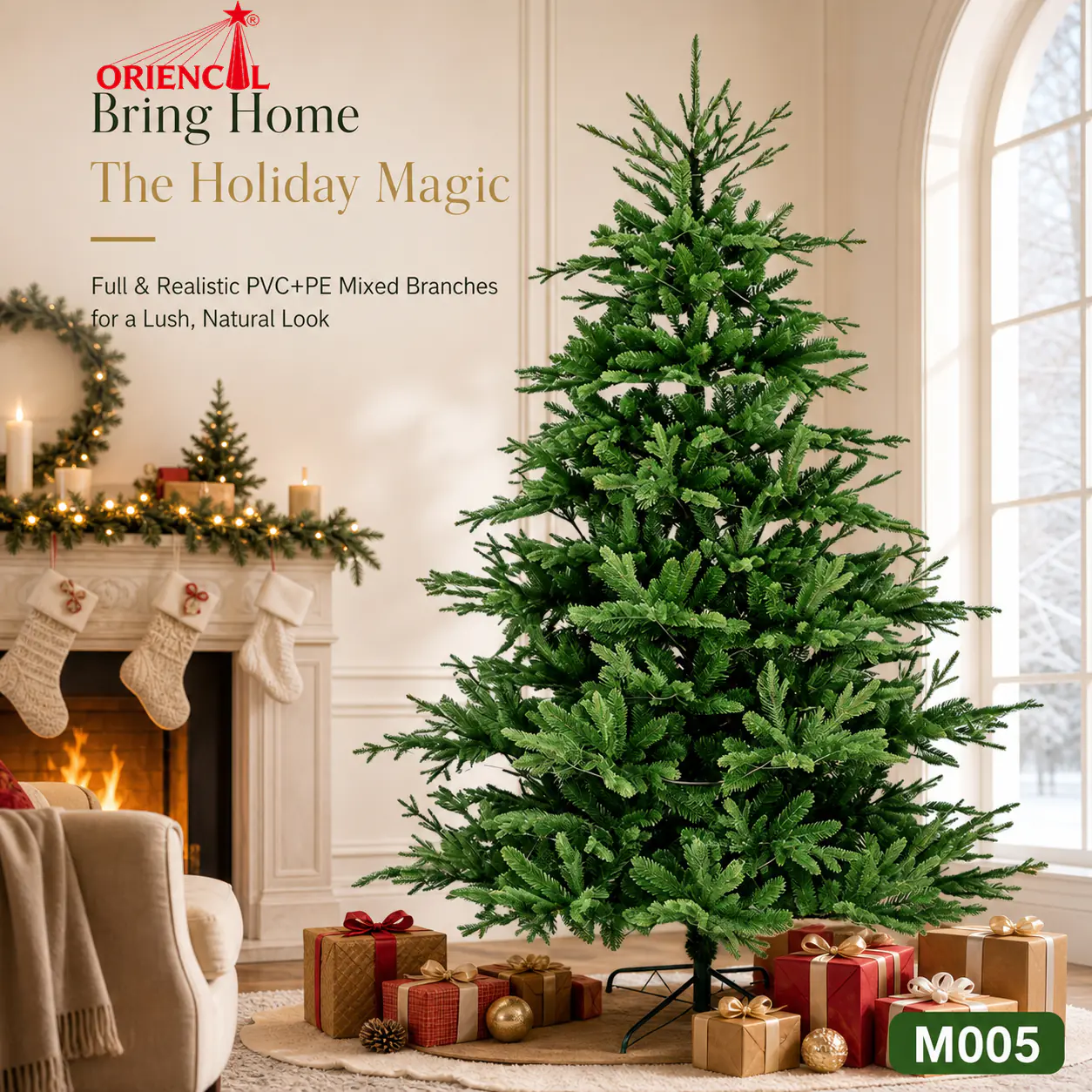 Realistic PET Pine Needle Spruce Christmas Tree, Unlit Full Size, Natural Evergreen Decor M005