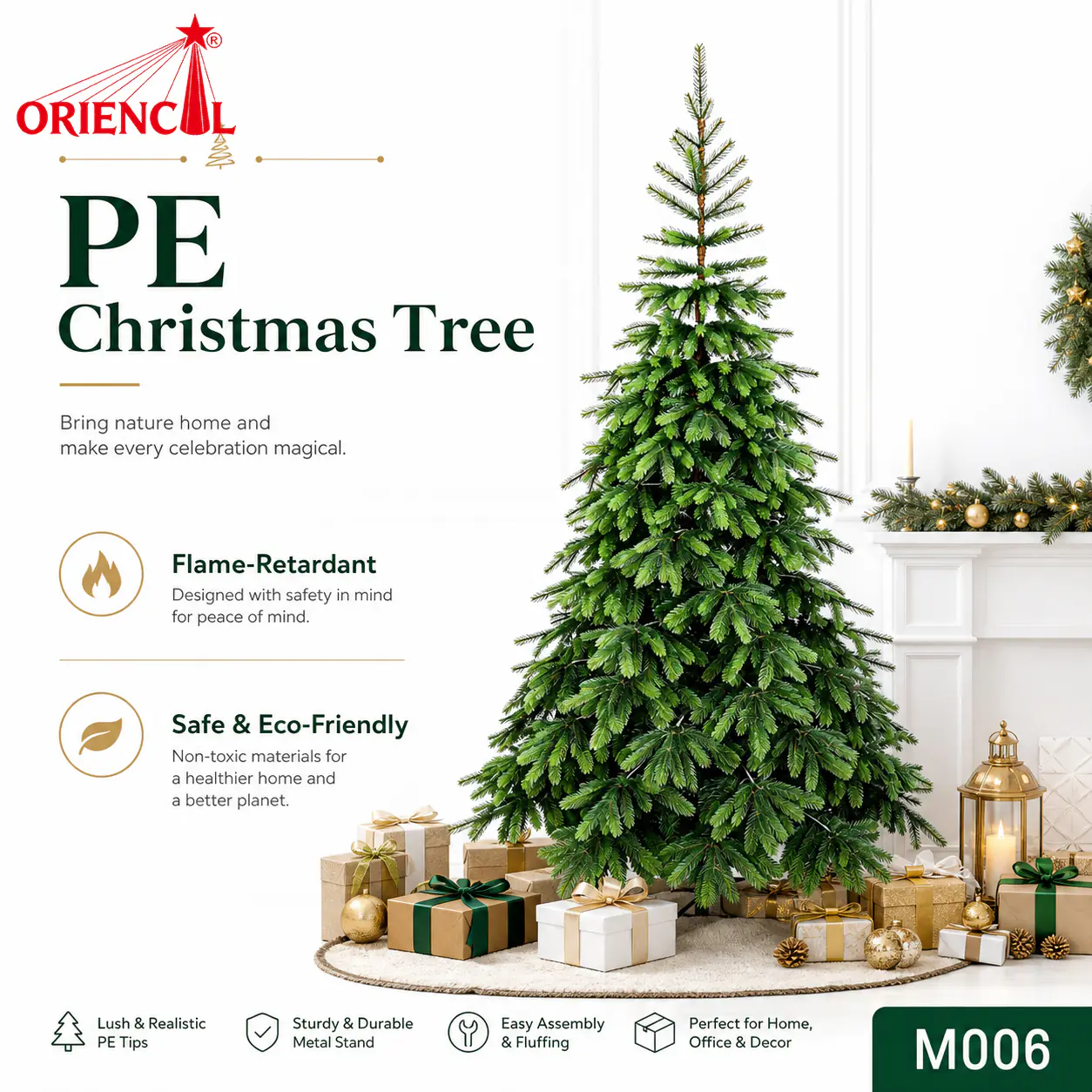 Slim Unlit Artificial Fir Christmas Tree, PET Pine Needle Branches, Minimalist Corner Decor M006