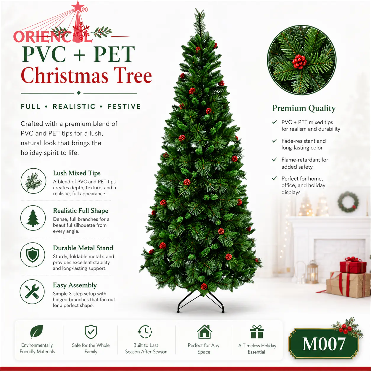 Slim Artificial Fir Christmas Tree with Red Berries, PVC/PE Blend, Small Nook Holiday Decor M007