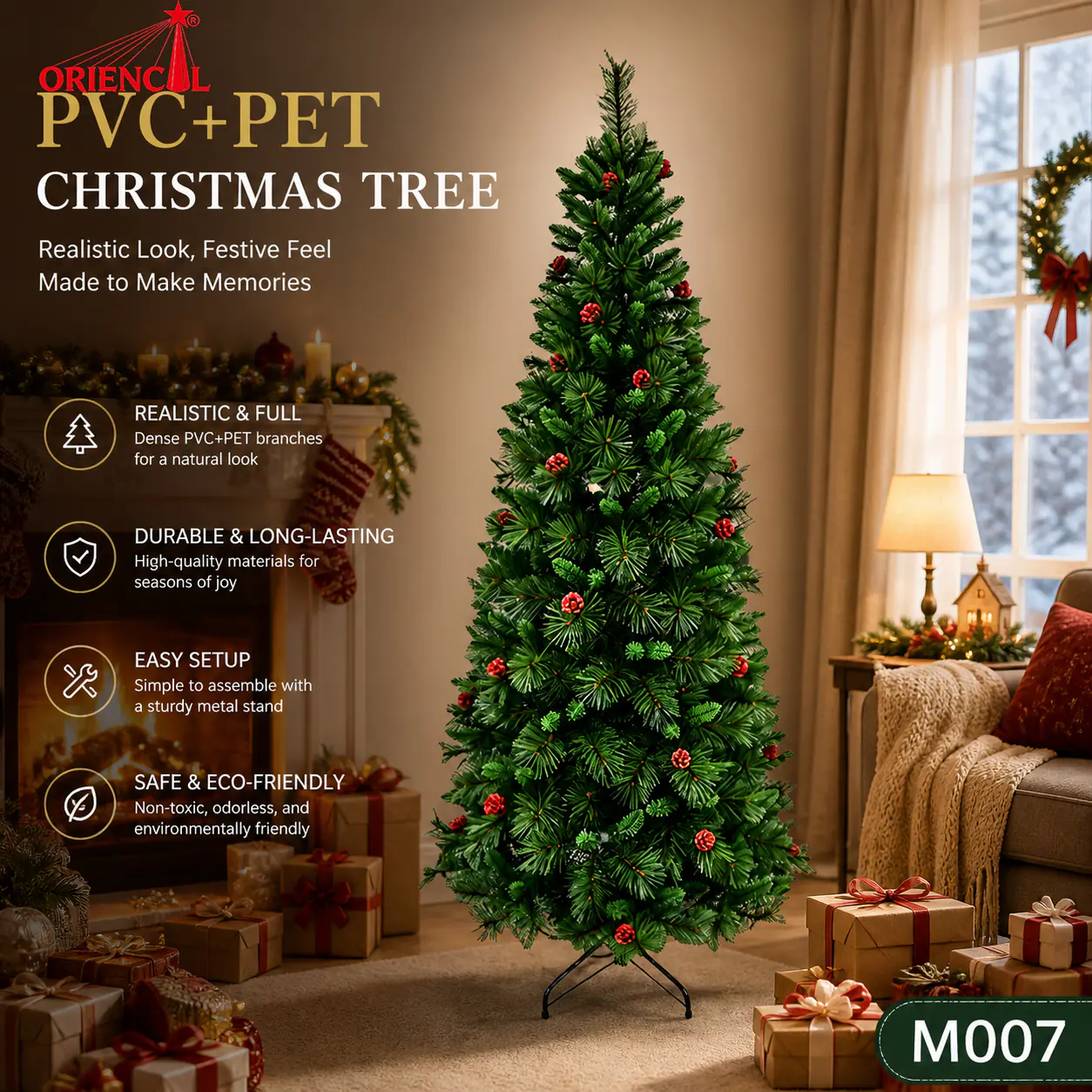 Slim Artificial Fir Christmas Tree with Red Berries, PVC/PE Blend, Small Nook Holiday Decor M007