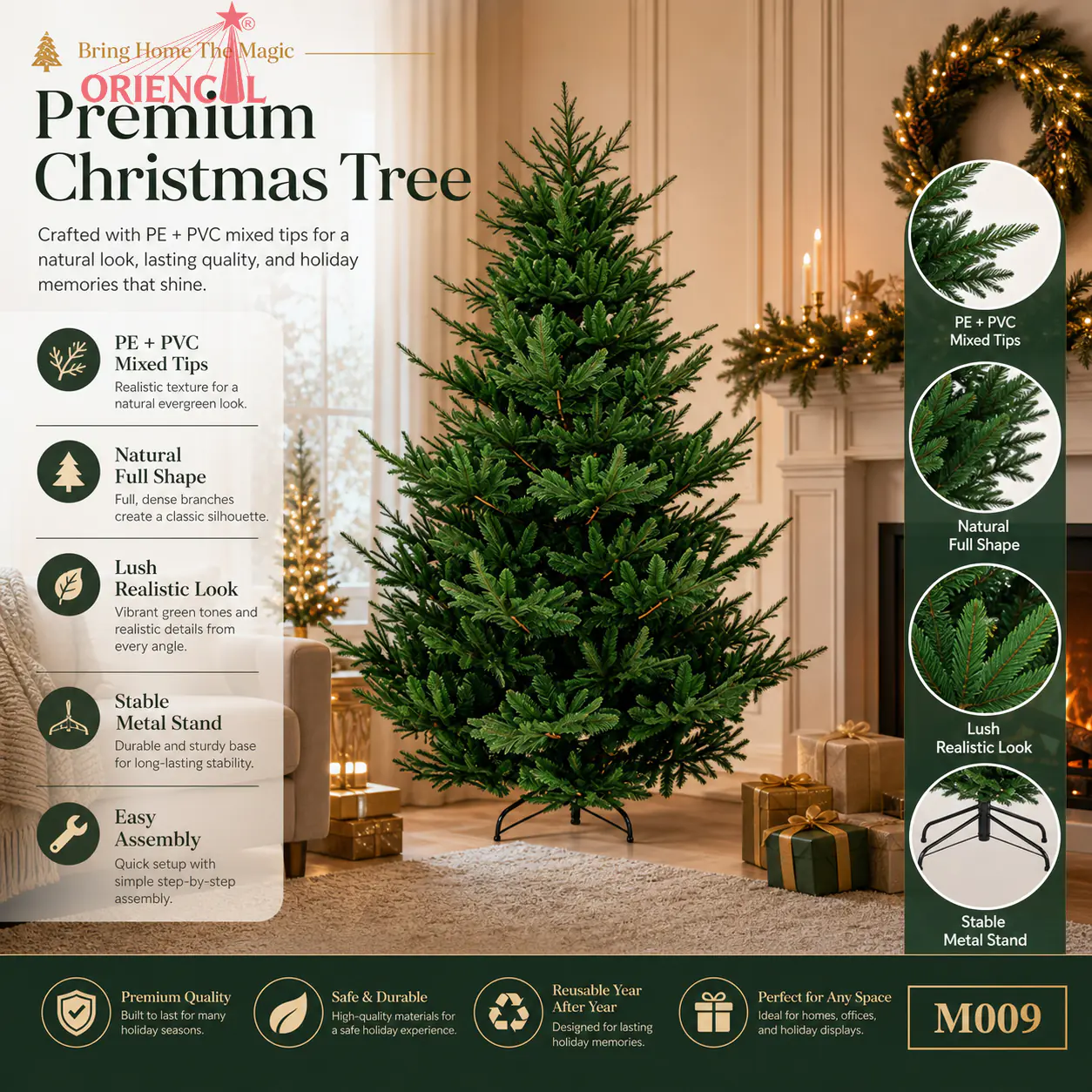 Realistic Unlit Spruce Christmas Tree, PE/PET Pine Needle Foliage, Natural Indoor Evergreen M009