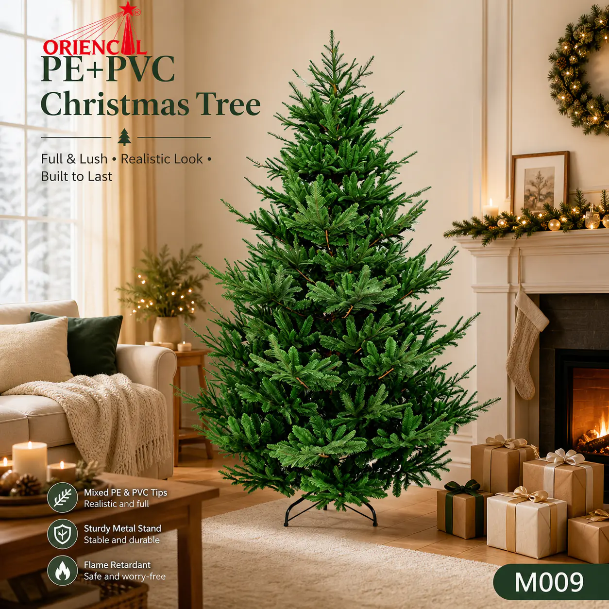 Realistic Unlit Spruce Christmas Tree, PE/PET Pine Needle Foliage, Natural Indoor Evergreen M009