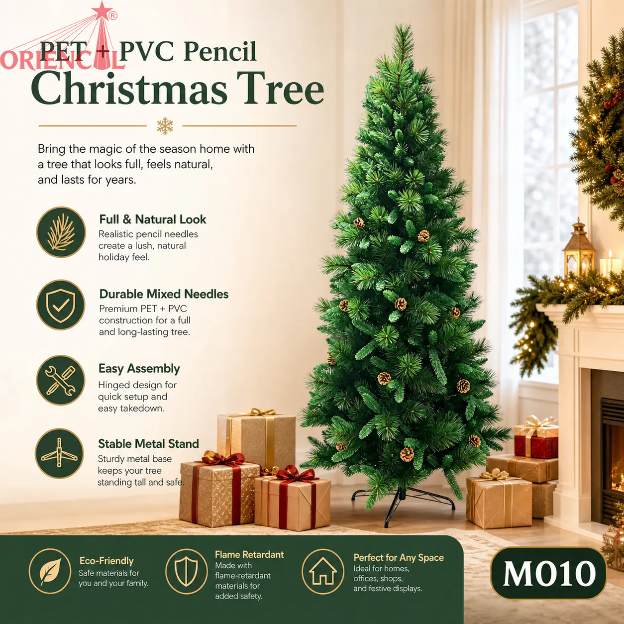 Classic Unlit Artificial Fir Christmas Tree, PVC/PE Blend, Traditional Holiday Home Decor M010