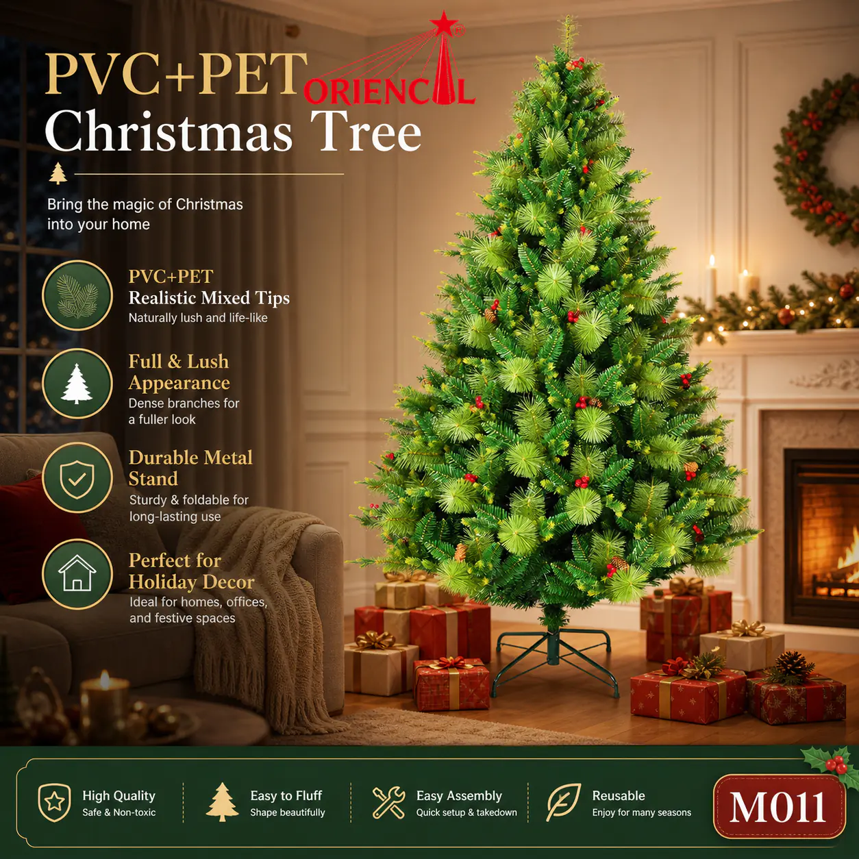 Decorated Artificial Spruce Christmas Tree with Green Ornaments, PVC/PE Blend, Festive Centerpiece M011