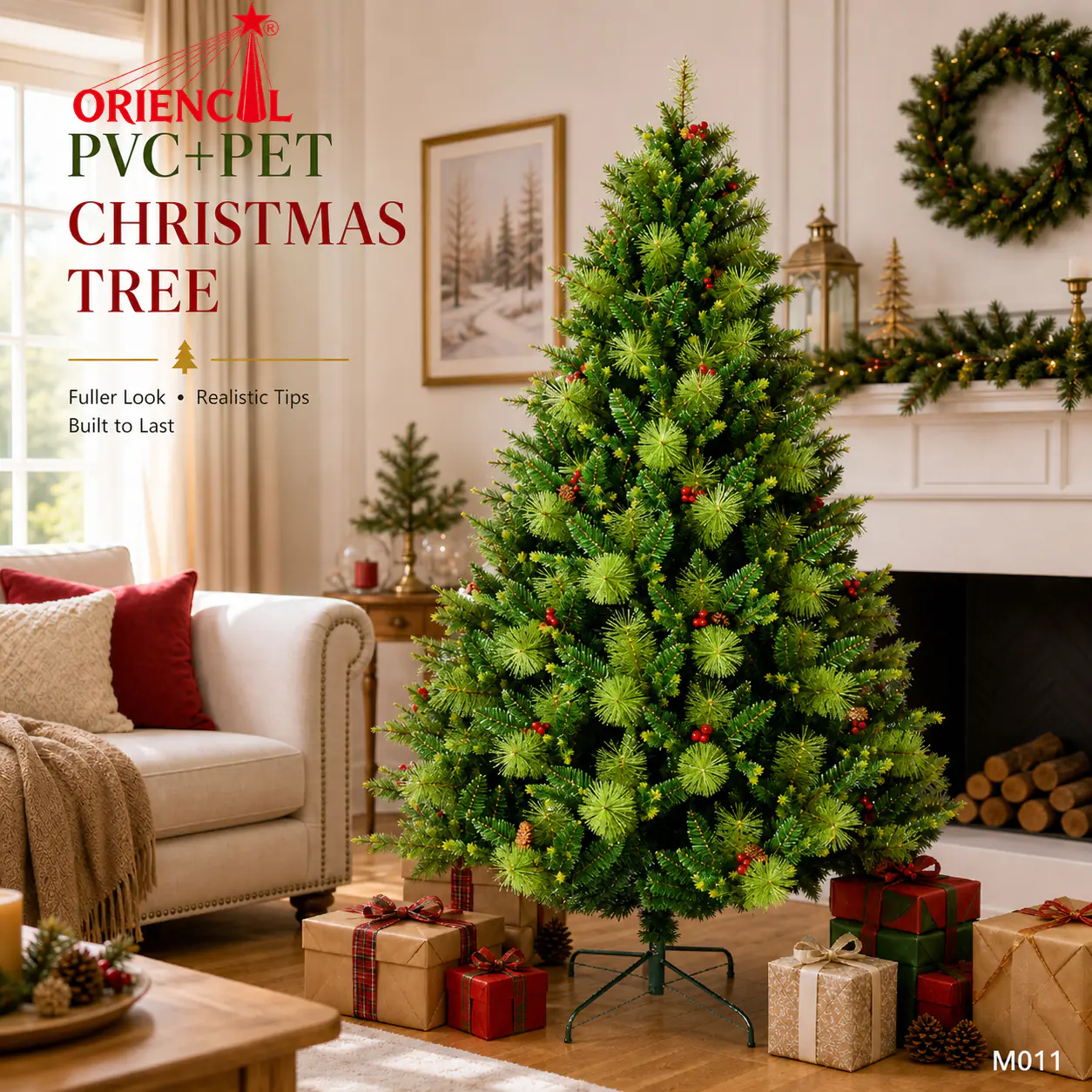 Decorated Artificial Spruce Christmas Tree with Green Ornaments, PVC/PE Blend, Festive Centerpiece M011