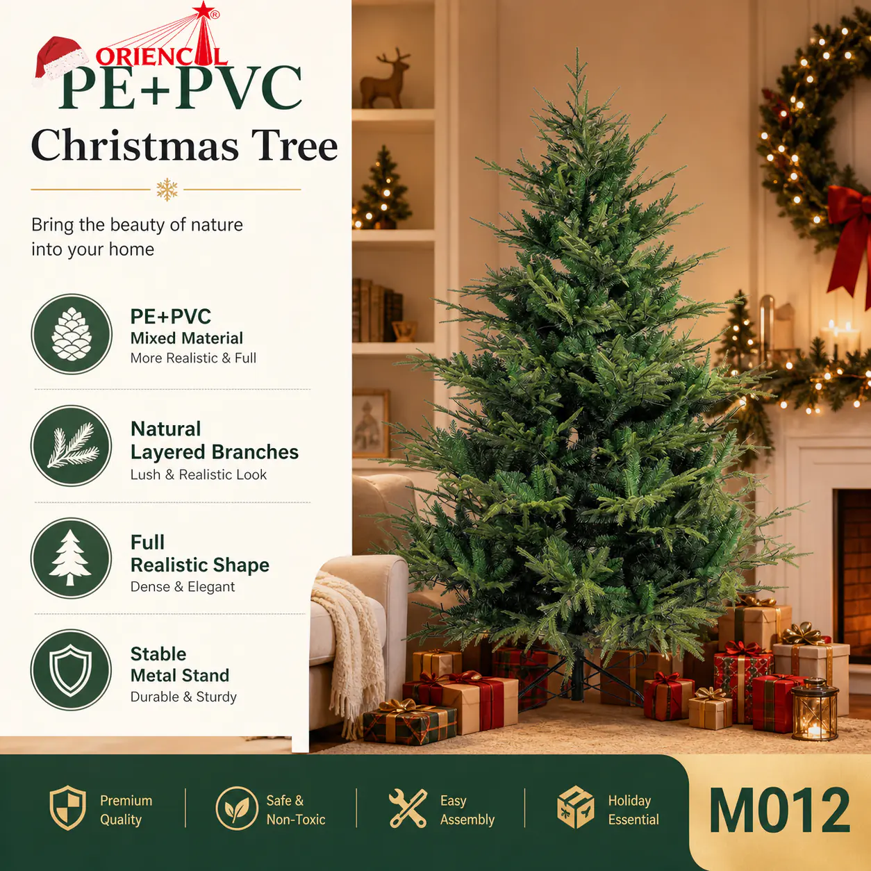 Natural PET Pine Needle Spruce Christmas Tree, Unlit, Realistic Evergreen for Family Decor M012