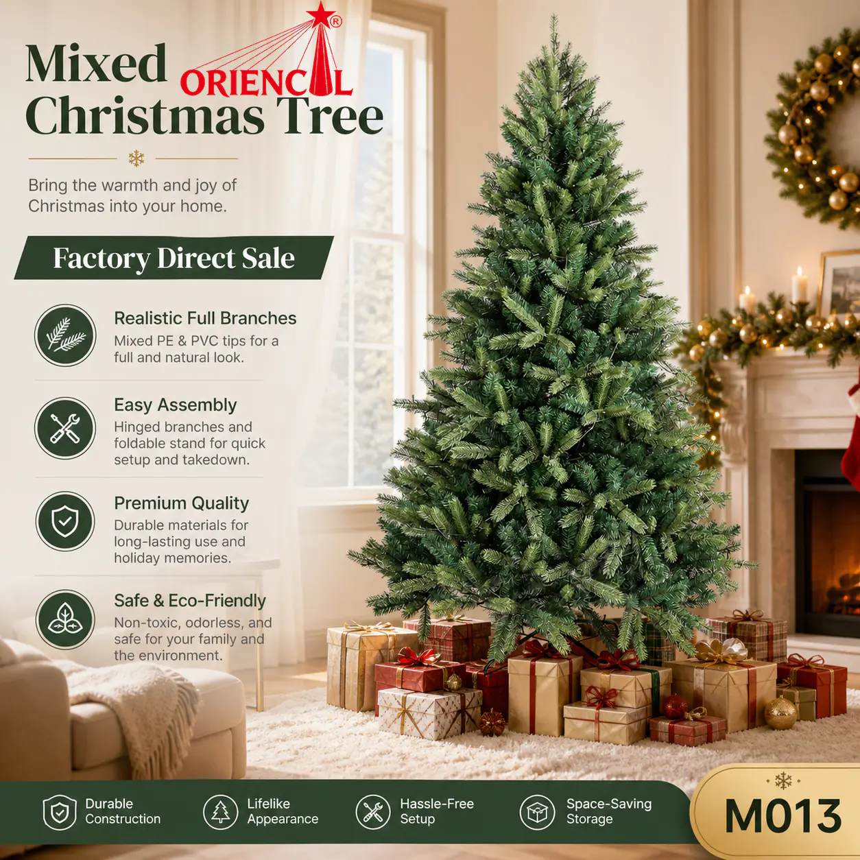 Light Green Flocked Artificial Spruce Christmas Tree, PVC/PE Blend, Soft Winter Holiday Decor M013