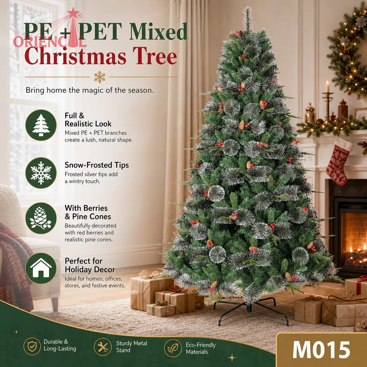 Unlit Artificial Spruce Christmas Tree with Pine Cones & Red Berries, PVC/PE Blend, Rustic Decor M015