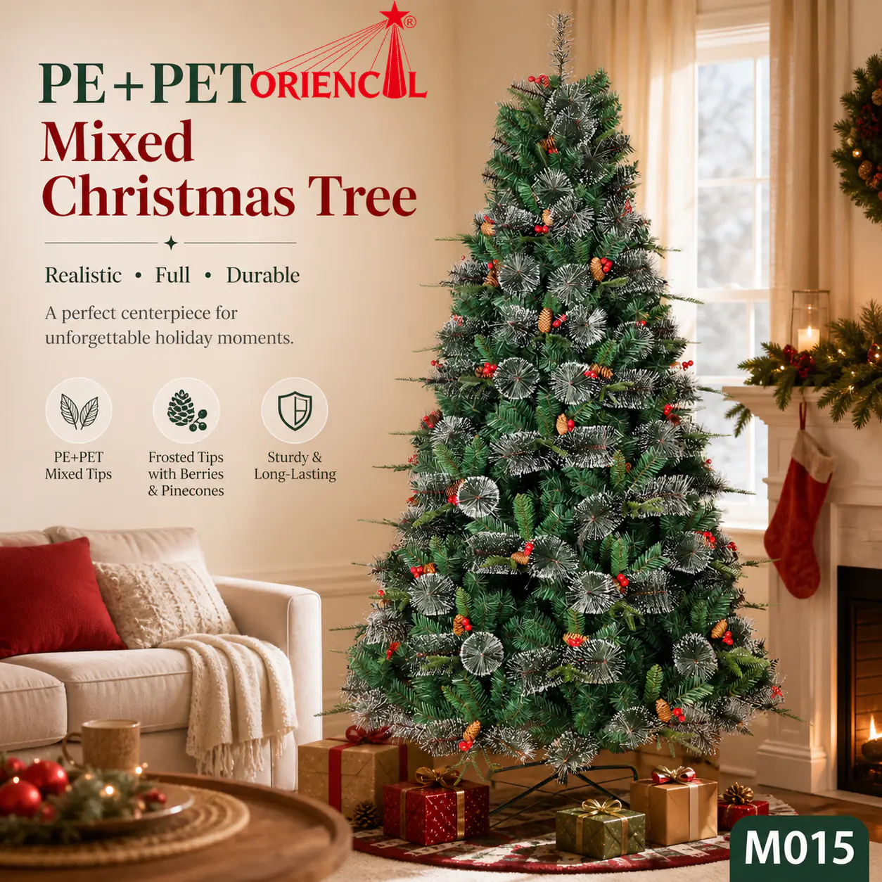 Unlit Artificial Spruce Christmas Tree with Pine Cones & Red Berries, PVC/PE Blend, Rustic Decor M015