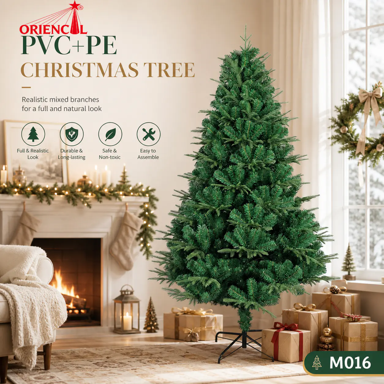 Full Unlit Artificial Fir Christmas Tree, PVC/PE Blend, Classic Green Evergreen for Home M016