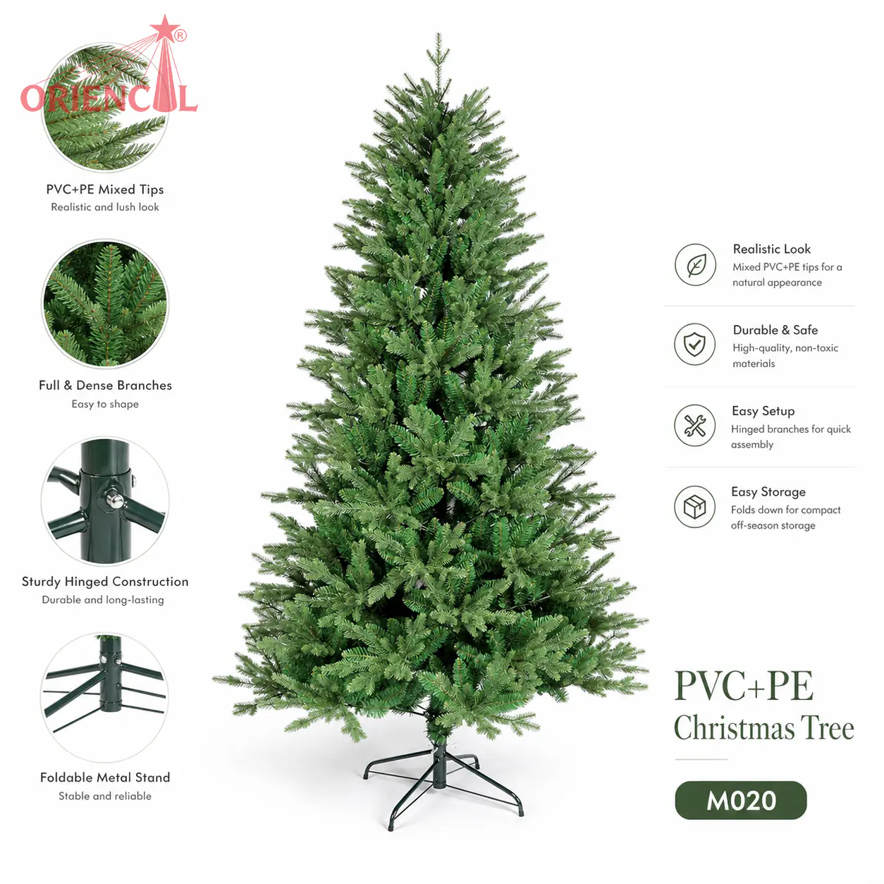 Natural-Looking Unlit Spruce Christmas Tree, PE/PET Pine Needle Foliage, Realistic Evergreen M020