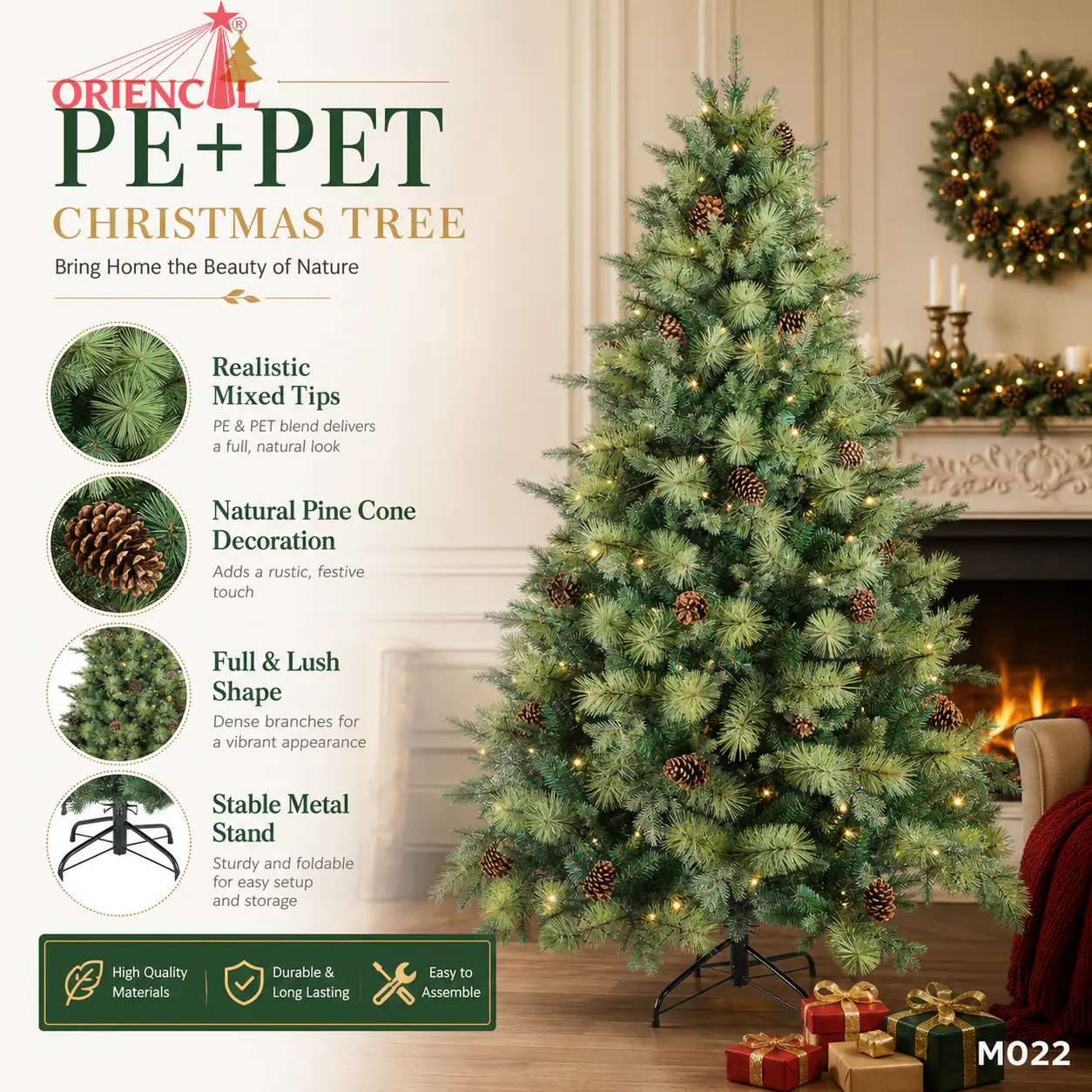 Artificial Spruce Christmas Tree with Pine Cones, PVC/PE Blend, Traditional Holiday Home Decor M022