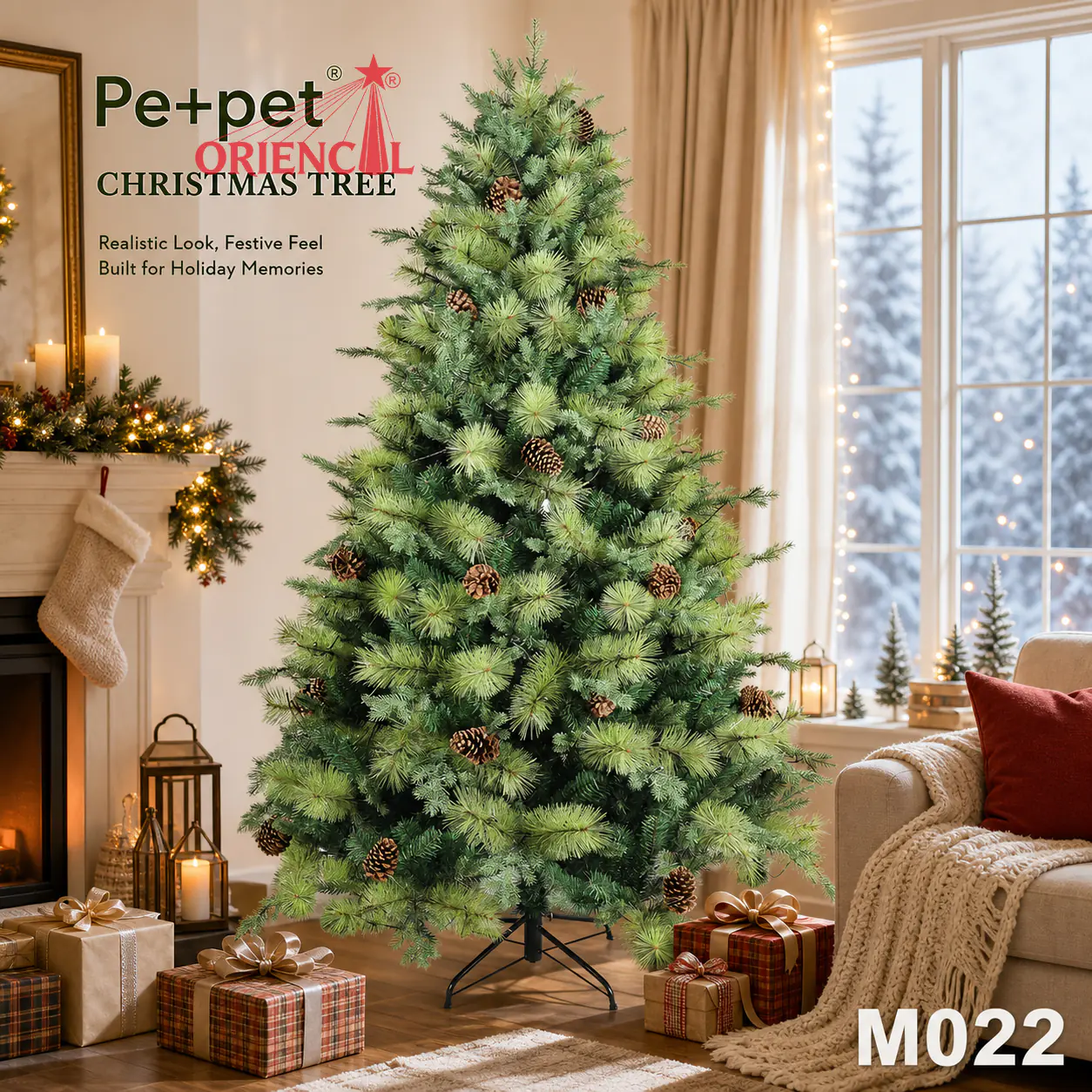 Artificial Spruce Christmas Tree with Pine Cones, PVC/PE Blend, Traditional Holiday Home Decor M022