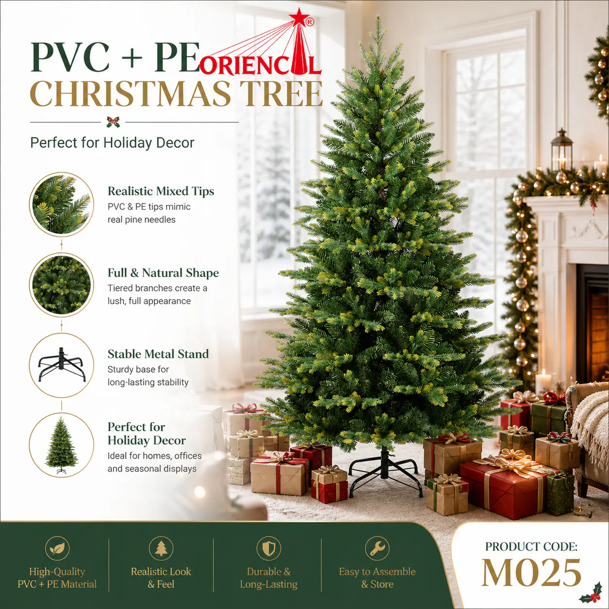 Natural PET Pine Needle Spruce Christmas Tree, Unlit, Realistic Indoor Evergreen Tree M025