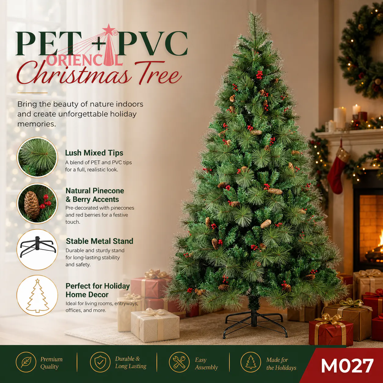 Artificial Spruce Christmas Tree with Red Berries, PVC/PE Blend, Festive Rustic Holiday Decor M027
